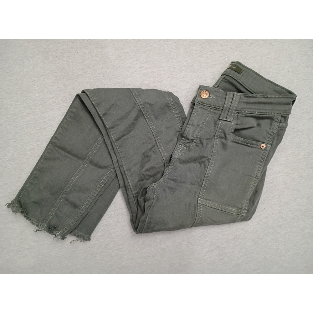 7 For All Mankind Women Olive Green Seamed Raw Hem Skinny Jeans Size 24